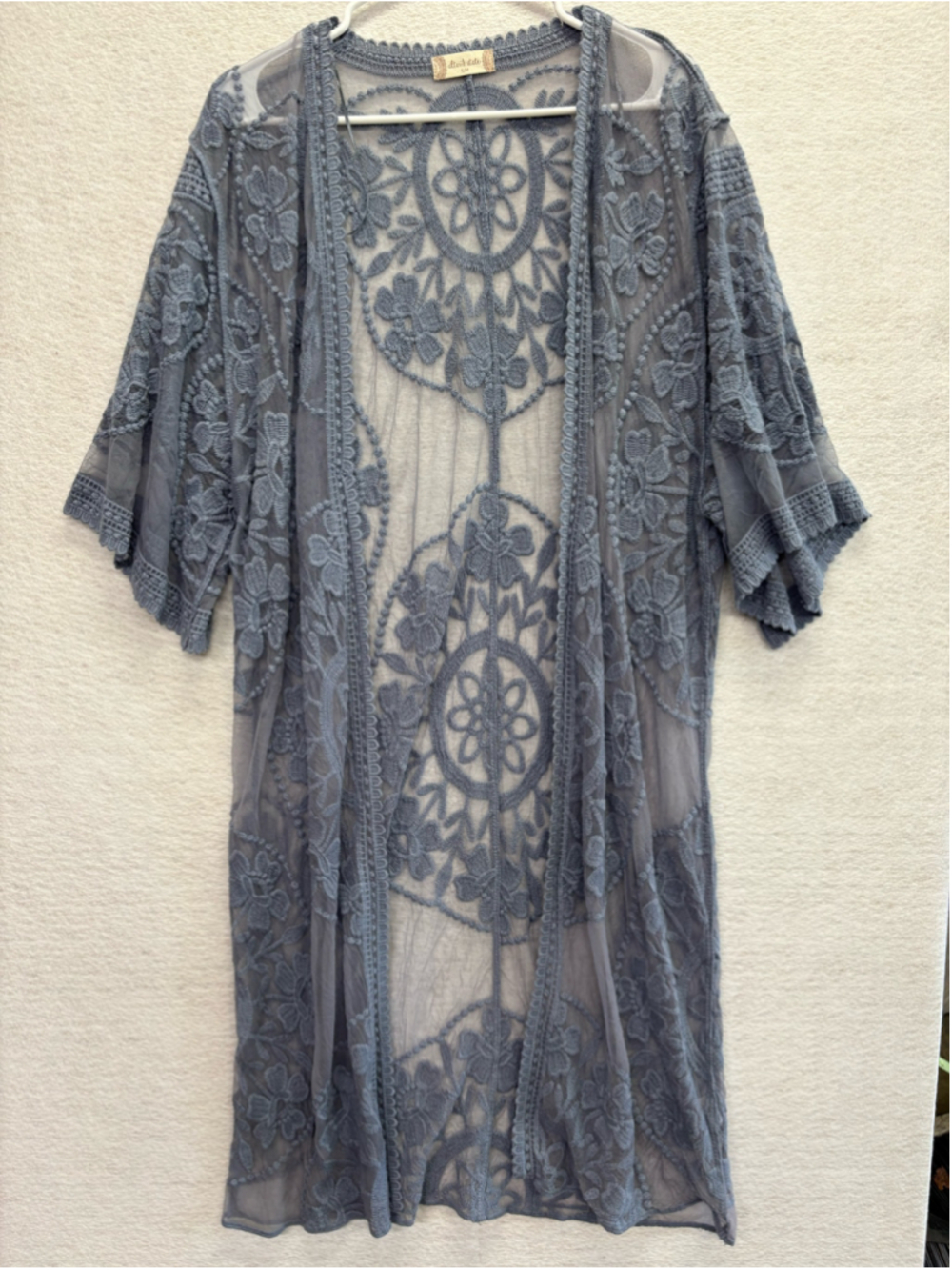 Altar'd State Dusty Blue Floral Embroidered Lace Duster Cardigan Kimono S/M